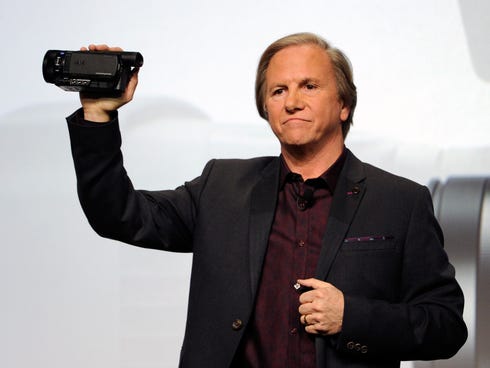 Sony Electronics President and COO Mike Fasulo displays a Sony 4K Handycam during a Sony press event in Las Vegas.