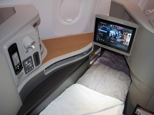 The first-class cabin of American Airlines' new Airbus A321 Transcontinental jets.