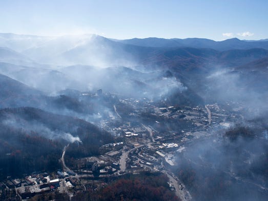 An aerial view shows Gatlinburg the day after a wildfire