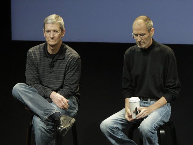 On  July 16, 2010, Tim Cook, left, and Steve Jobs addressed a meeting at Apple in Cupertino, Calif.