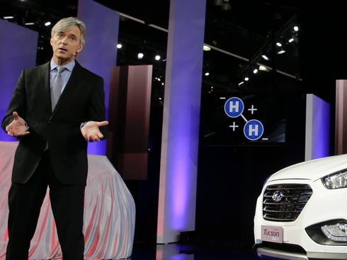 John Krafcik, CEO of Hyundai Motor America, introduces the Tucson Fuel Cell hydrogen-powered electric vehicle at the Los Angeles Auto Show in November