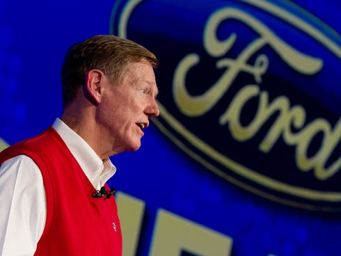 Alan Mulally, CEO of Ford, speaks at a trade fair for consumer electronics and electrical home appliances in Berlin on Sept. 6.