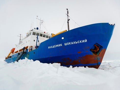 The Russian ship Akademik Shokalskiy is shown still stuck in the ice in this Dec. 27, 2013, file photo, provided by Australasian Antarctic Expedition/Footloose Fotography. Russian news media reported Jan. 7 that the ship, as well as a Chinese icebrea