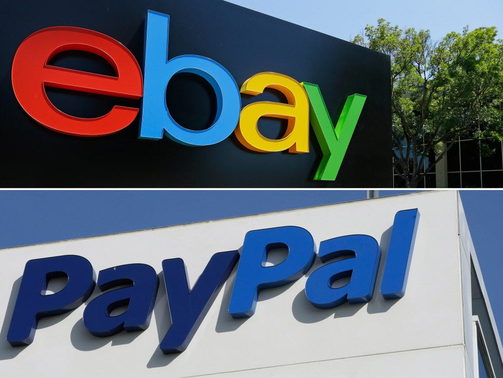 This combo made from file photos shows the eBay, top, and PayPal logos at their headquarters buildings in San Jose, Calif. The mobile payment service PayPal is splitting from eBay and will become a separate and publicly traded company in 2015, eBay a