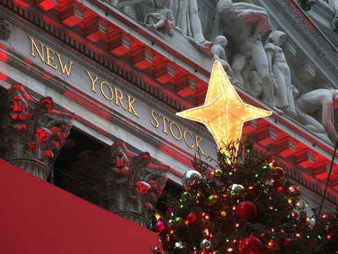 Lights for the holidays illuminate the New York Stock Exchange.