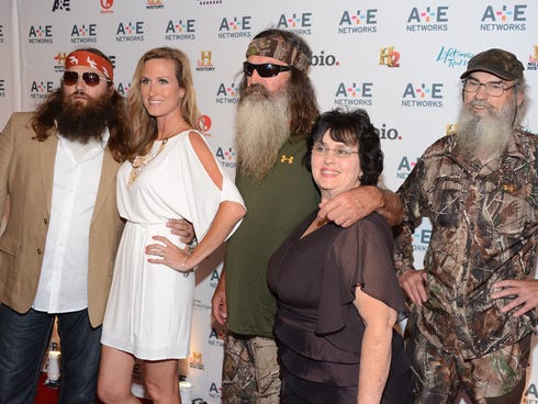 Willie Robertson, left, Korie Robertson, Phil Robertson, Miss Kay Robertson and Si Robertson of Duck Dynasty attend the A+E Networks 2012 Upfront.