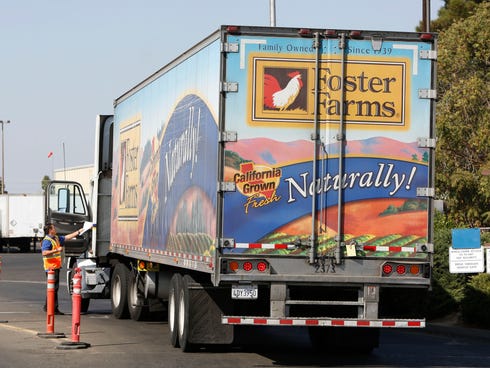 A truck enters the Foster Farms processing plant on Oct. 10, 2013, in Livingston, Calif. The plant is one of three California poultry processing plants linked to a salmonella outbreak.