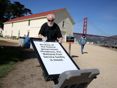 National Park Service worker Michael Faw posts a sign announcing the closure of a Park Service facility at Crissy Field due to the partial government shutdown on Tuesday.