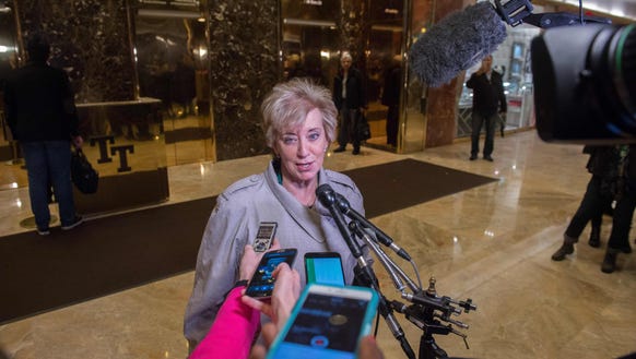 Linda McMahon speaks to the media at Trump Tower on