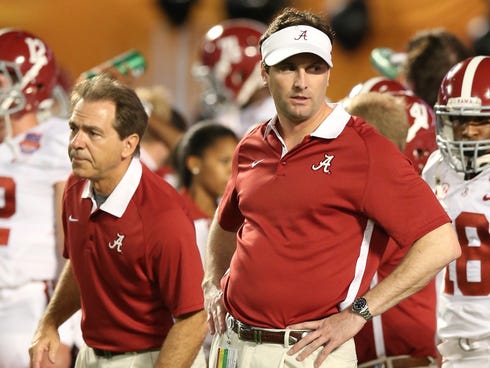 Alabama Crimson Tide quarterbacks coach Doug Nussmeier looks on prior to the 2013 BCS Championship game against Notre Dame at Sun Life Stadium.