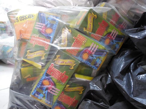 Bags of seized Reumofan dietary supplements stored in a locked room at Mexico's federal health agency, Cofepris, in Mexico City. Investigators have seized bottles of Reumofan from warehouses and distributors. But they have been unable to find Riger N