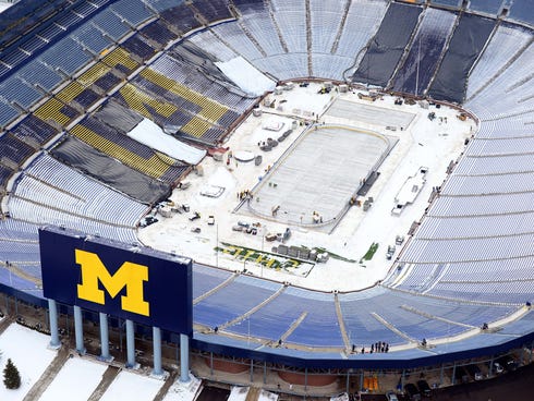 An aerial view of the ice surface to be used at Michigan Stadium for the 2014 Winter Classic.