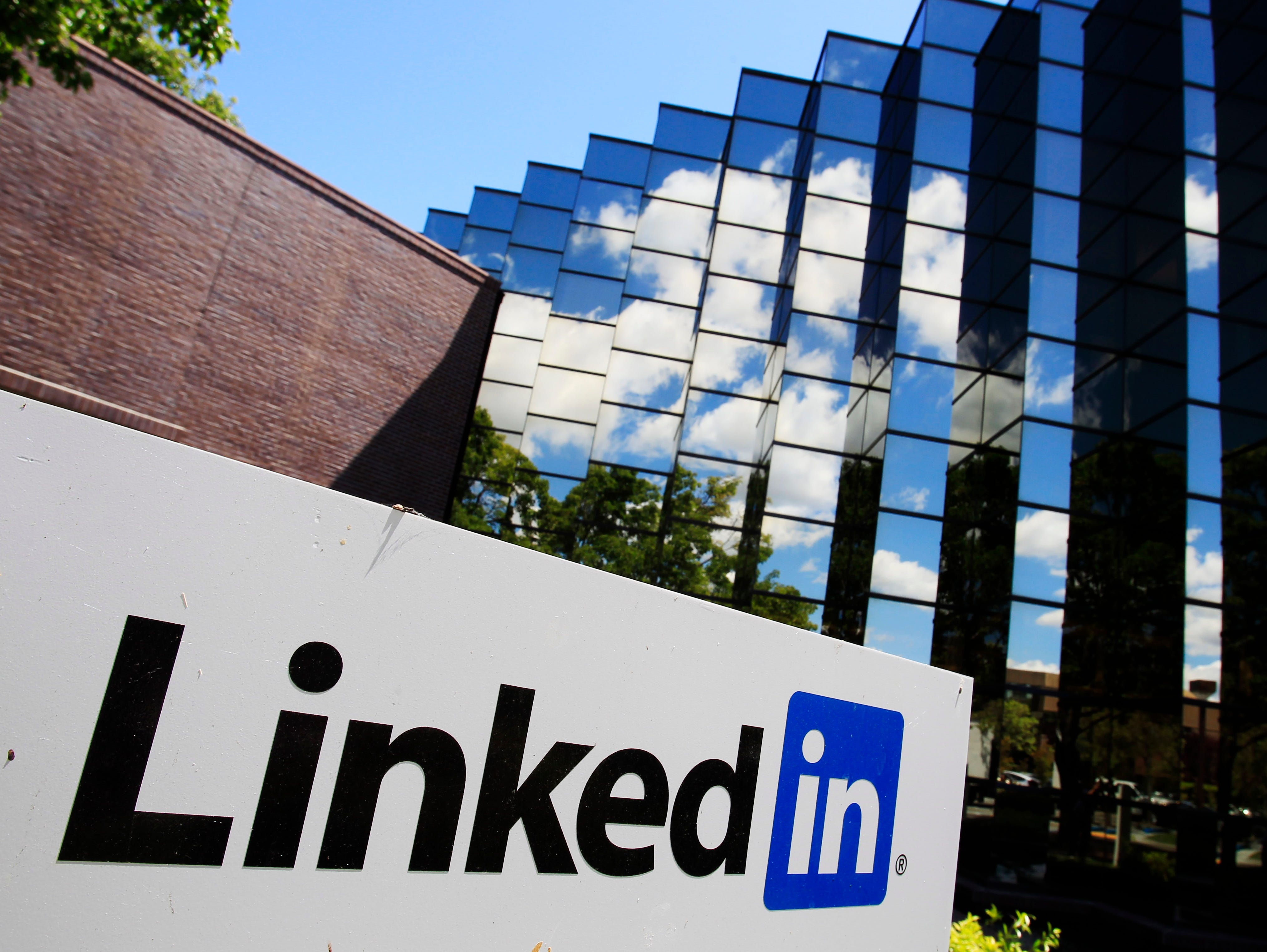 In this Monday, May 9, 2011 file photo, LinkedIn Corp., the professional networking Web site, displays its logo outside of headquarters in Mountain View, Calif. LinkedIn began 2014 with its largest quarterly loss since going public as the online prof