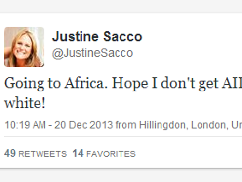 This tweet from InterActiveCorp's Senior Director of Corporate Communications Justine Sacco went viral Friday while Sacco was on a flight to Africa.