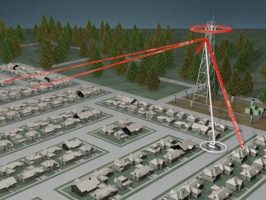 This graphic illustrates how a StingRay works. Signals from cellphones within the device's radius are bounced to law enforcement. The information relayed may include names, phone numbers, locations, call records and even text messages.