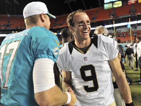 The Saints and Dolphins met in preseason, but QBs Drew Brees (9) and Ryan Tannehill will square off when it counts for the first time on Monday night.