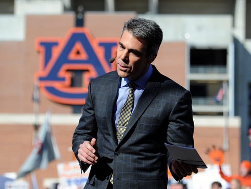 Nov 30, 2013; Auburn, AL, USA; ESPN broadcaster Chris Fowler on the set of College Gameday prior to the game between the Auburn Tigers and the Alabama Crimson Tide at Jordan Hare Stadium. Mandatory Credit: Shanna Lockwood-USA TODAY Sports ORG XMIT: U