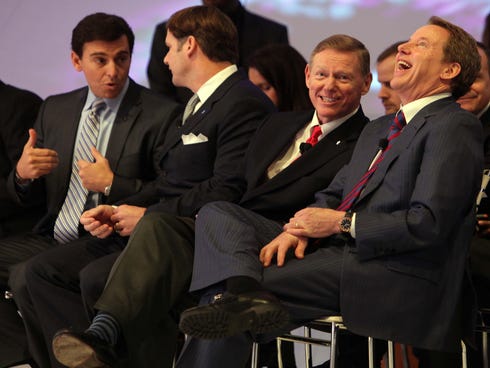 (From left) Mark Fields, Ford COO; Jim Farley, global marketing chief, Alan Mulally, CEO; and Bill Ford, executive chairman at an event for the Lincoln MKC concept at the 2013 Detroit auto show in January.