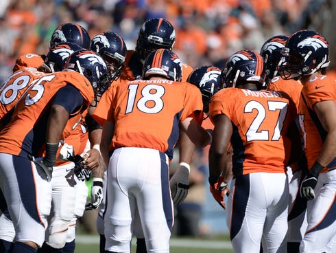 Broncos QB Peyton Manning (18) is getting plenty of help from his offensive mates.