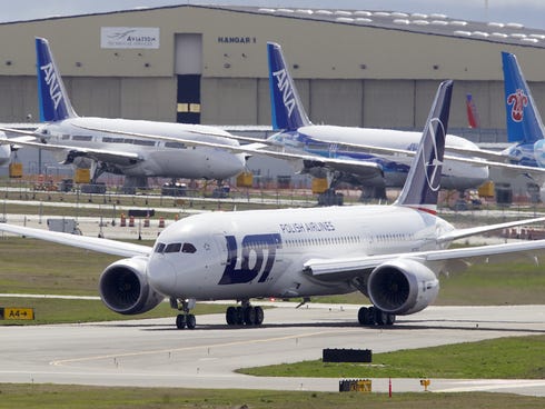 A LOT Polish Airlines Boeing 787 Dreamliner taxis after a certification flight April 5, 2013, at Paine Field in Everett, Wash.