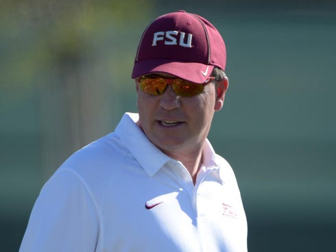 Florida State coach Jimbo Fisher directs practice for the 2014 BCS National Championship Game on Thursday at the Jack R. Hammett Sports Complex in Costa Mesa, Calif.