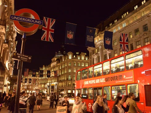 General view of British flags and NFL banners on Regent Street at Oxford Circus in advance of the NFL International Series game between the Pittsburgh Steelers and the Minnesota Vikings.