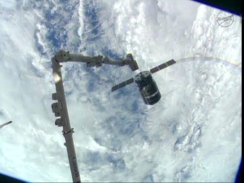 Image provided by NASA-TV shows the Cygnus spacecraft as it approaches the International Space Station on Sunday.