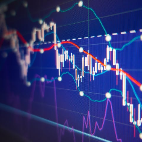 Stock market chart on a colorful display indicatin