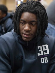 Murray State defensive back D'Montre Wade speaks to the media during the 2018 NFL Combine.