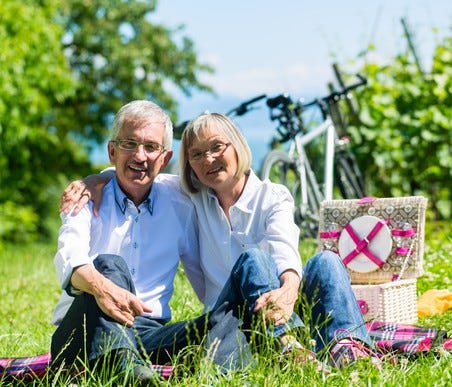 Senior couple sitting on the grass in front of a picnic basket