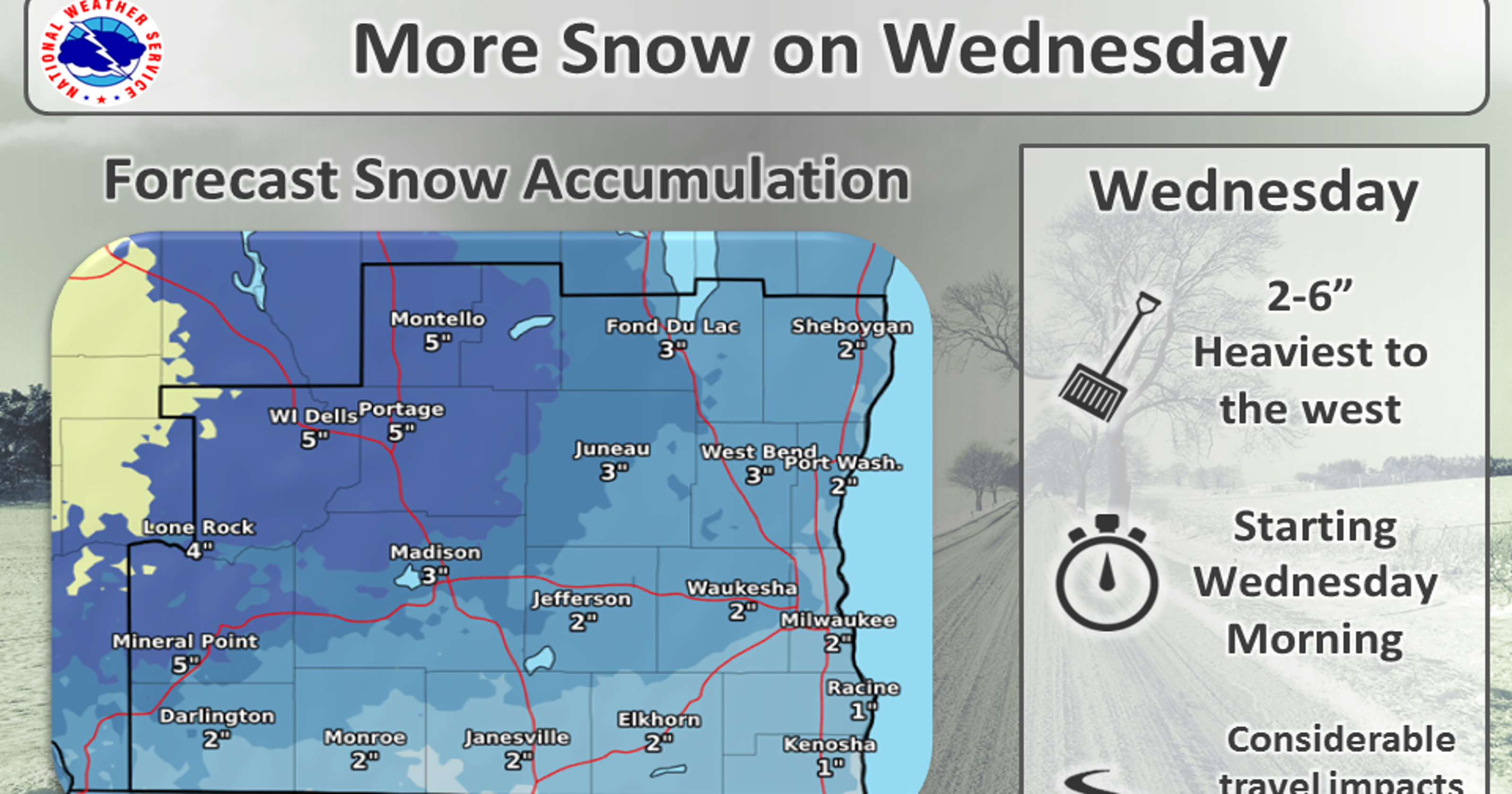 National Weather Service predicts more snow in Wisconsin Wednesday