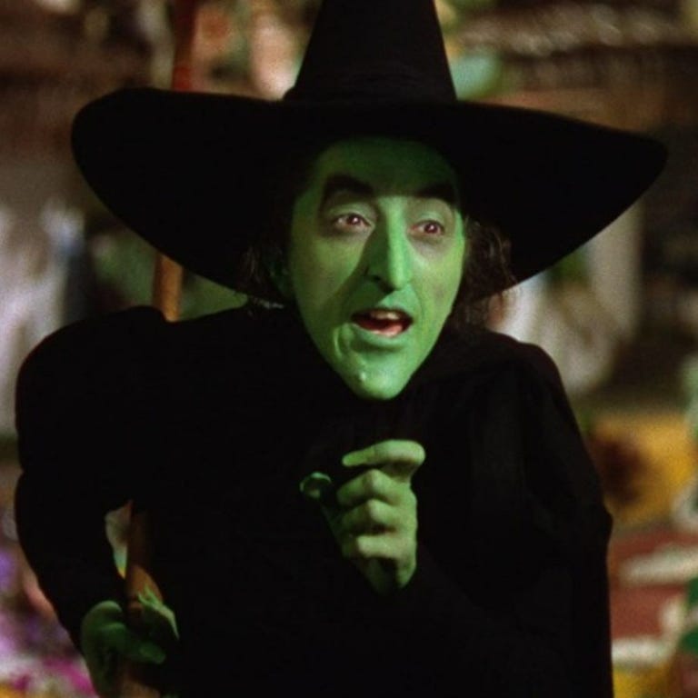 The Wicked Witch of the West     • Portrayed by:  Margaret Hamilton     • Appears in:  The Wizard of Oz (1939) The Wicked Witch of the West (Hamilton) fights innocent Dorothy for a pair of ruby red slippers in the fantasy land of Oz. Aided by the Scarecrow, the Cowardly Lion, and the Tin Man, Dorothy throws water on the evil witch's plan.