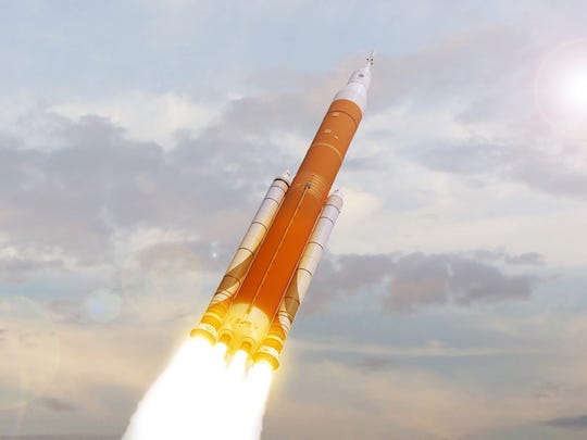 A rendering of the NASA space launch system, or SLS.