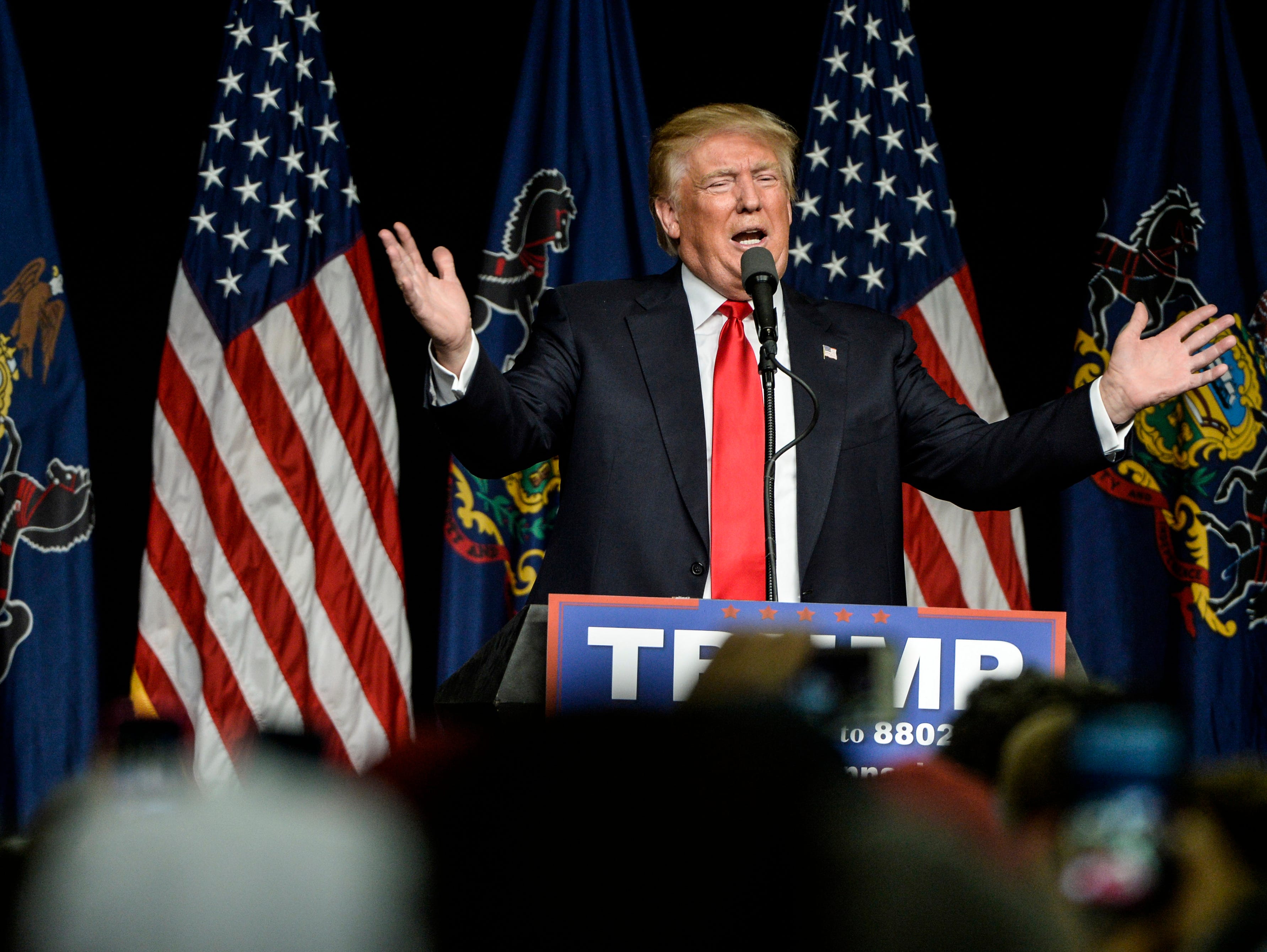 Republican presidential candidate Donald Trump speaks during a campaign rally at the Pennsylvania Farm Show Complex April 21, 2016