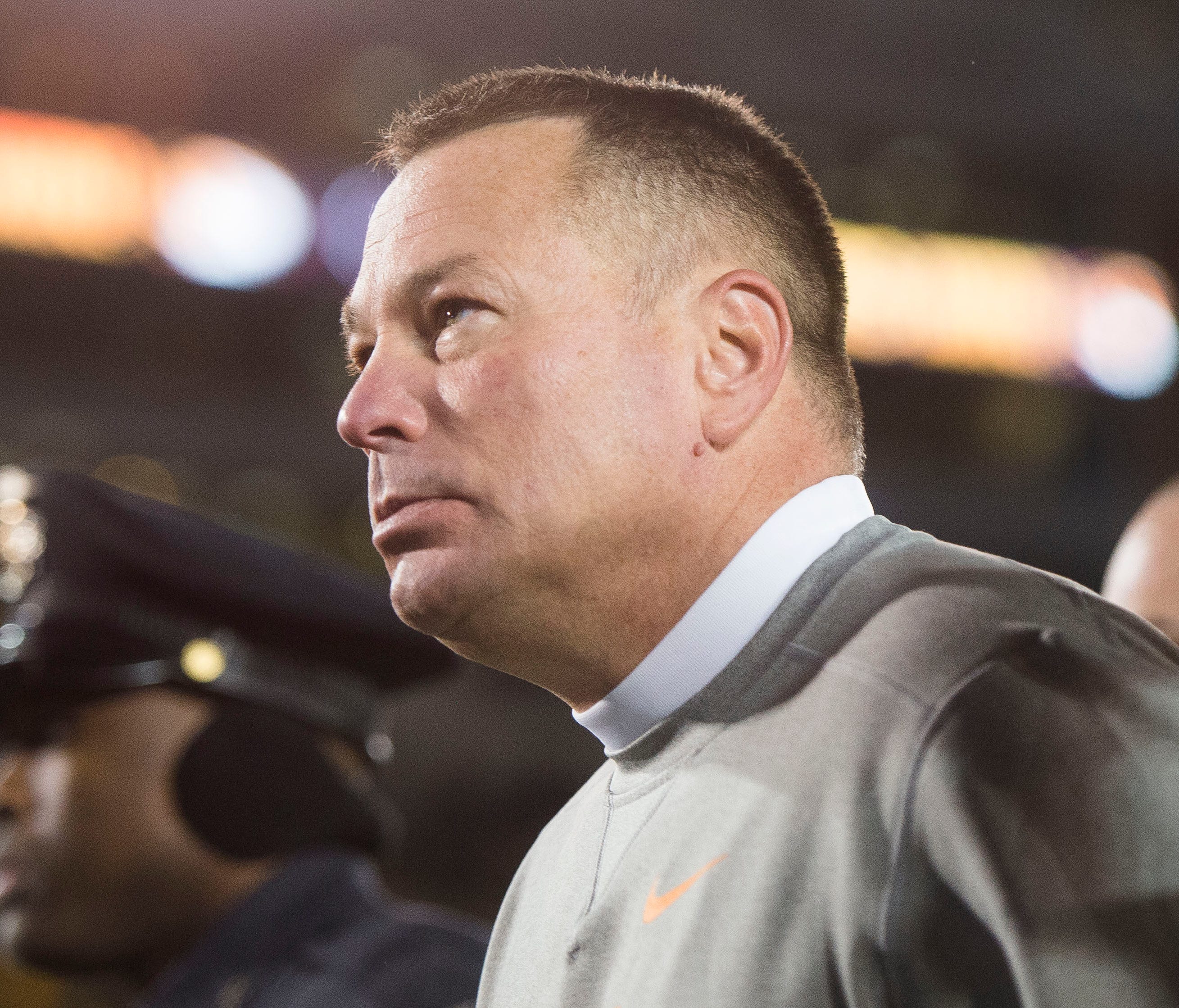 Tennessee Head Coach Butch Jones walks off the field after a game between Tennessee and Missouri at Faurot Field in Columbia, Missouri, on Saturday November 11, 2017. Missouri defeated Tennessee 50 to 17.