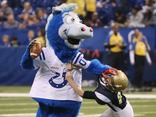 Colts' Blue gyrates in mascot dance-off