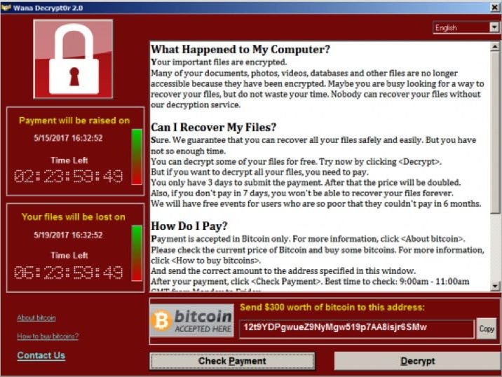 A screen shot of the page computers infected with the WannaCry ransomware variant display.