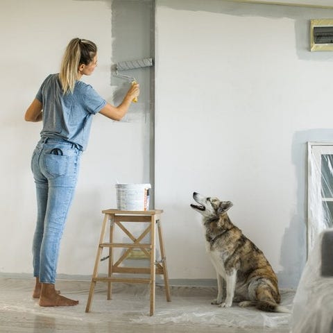 A person painting a wall in their living room whil