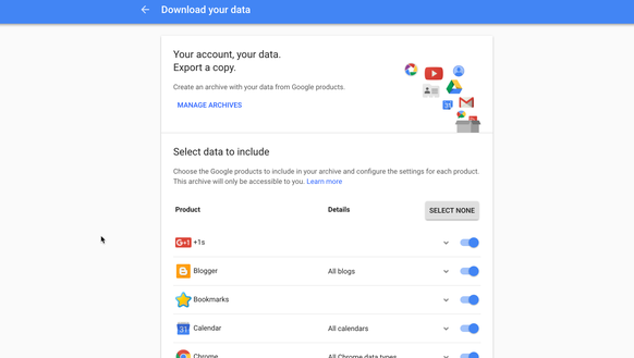 Google's account download page