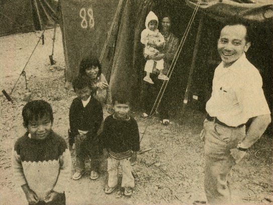 Thuan Le Elston's family in front of the refugee tent