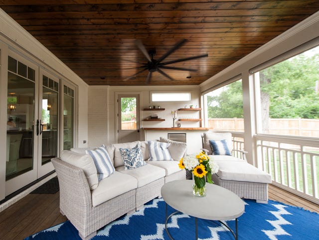 Morgan Ribeiro’s porch features comfortable outdoor furniture, a fan to keep things cool and sliding doors that open the interior of the house to the outdoors.