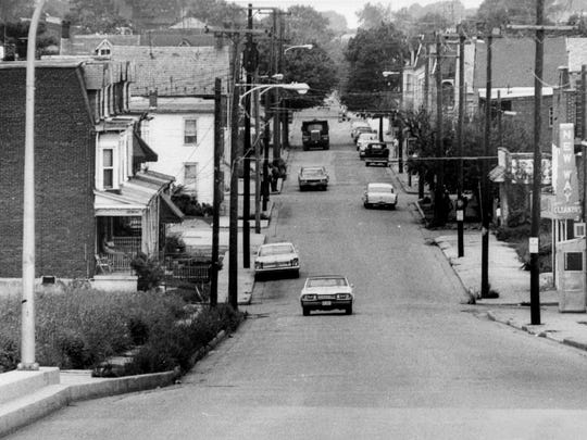 A photo taken from the coroner's report of York City Police Officer Henry C. Schaad of West College street facing west toward the intersection with South Penn Street. The armored truck Schaad had been riding in drove up this street before it was hit with gunfire, fatally wounding officer Schaad.