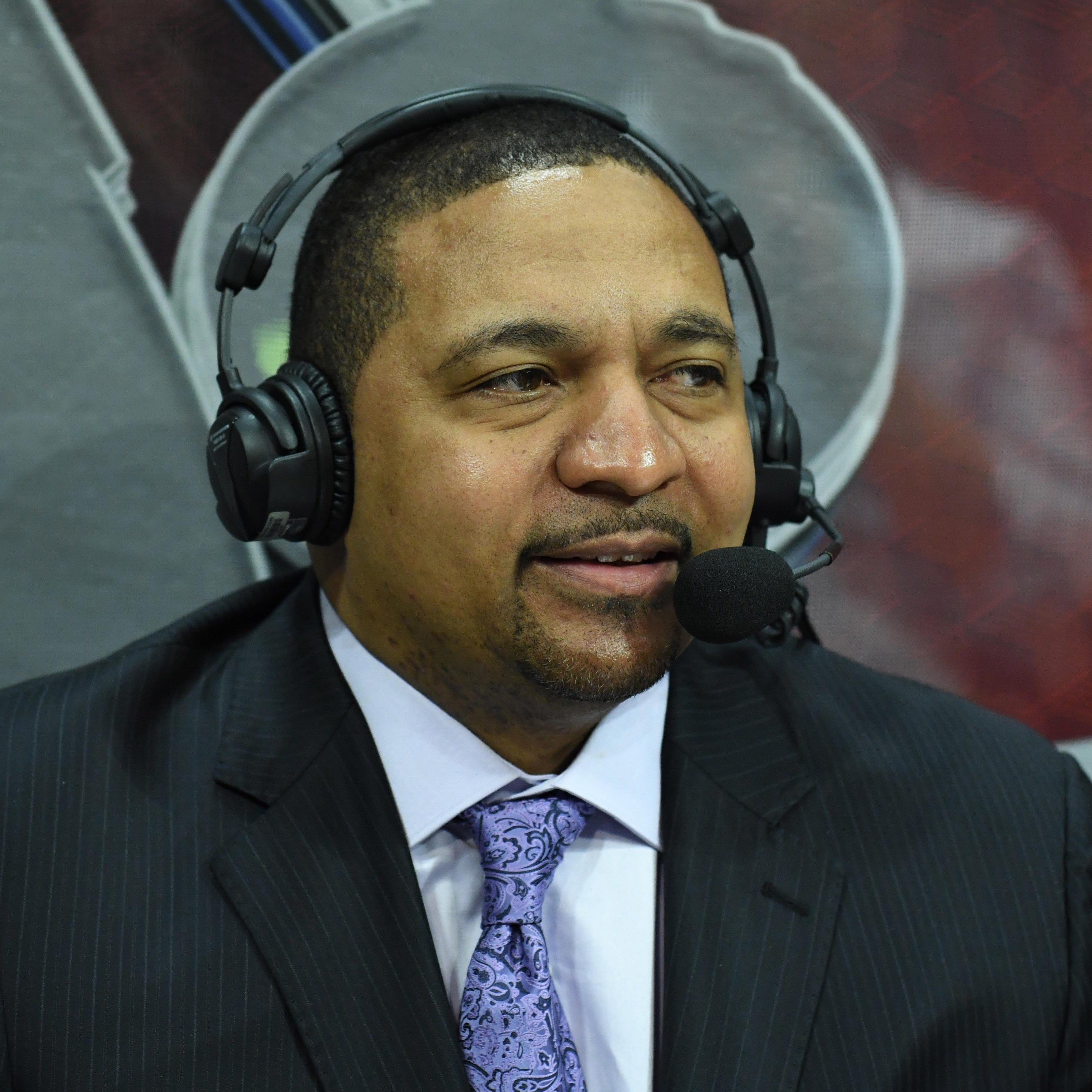 Mar 1, 2017; Los Angeles, CA, USA; ESPN broadcaster Mark Jackson reacts during a NBA basketball game between the Houston Rockets and the Los Angeles Clippers at Staples Center. Mandatory Credit: Kirby Lee-USA TODAY Sports