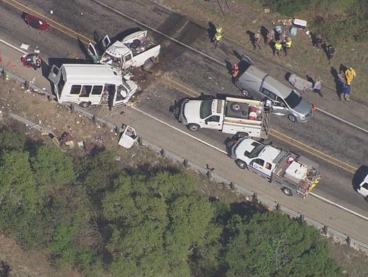 A bus belonging to First Baptist Church of New Braunfels, Texas, collided with a pickup March 29, 2017.