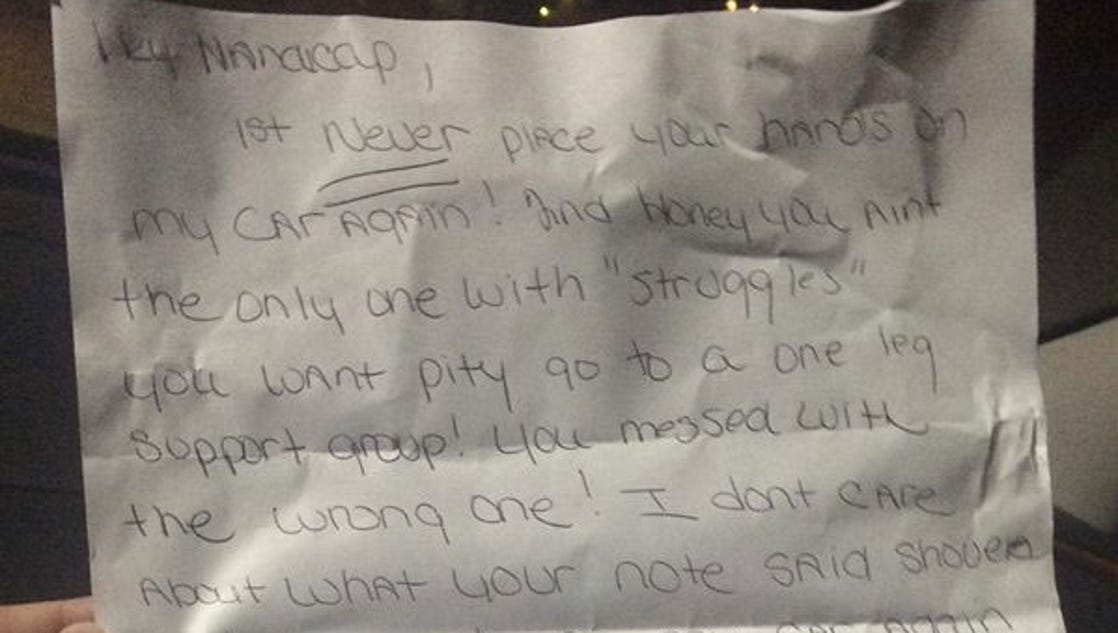 Nasty note left on handicapped woman's car about parking spot