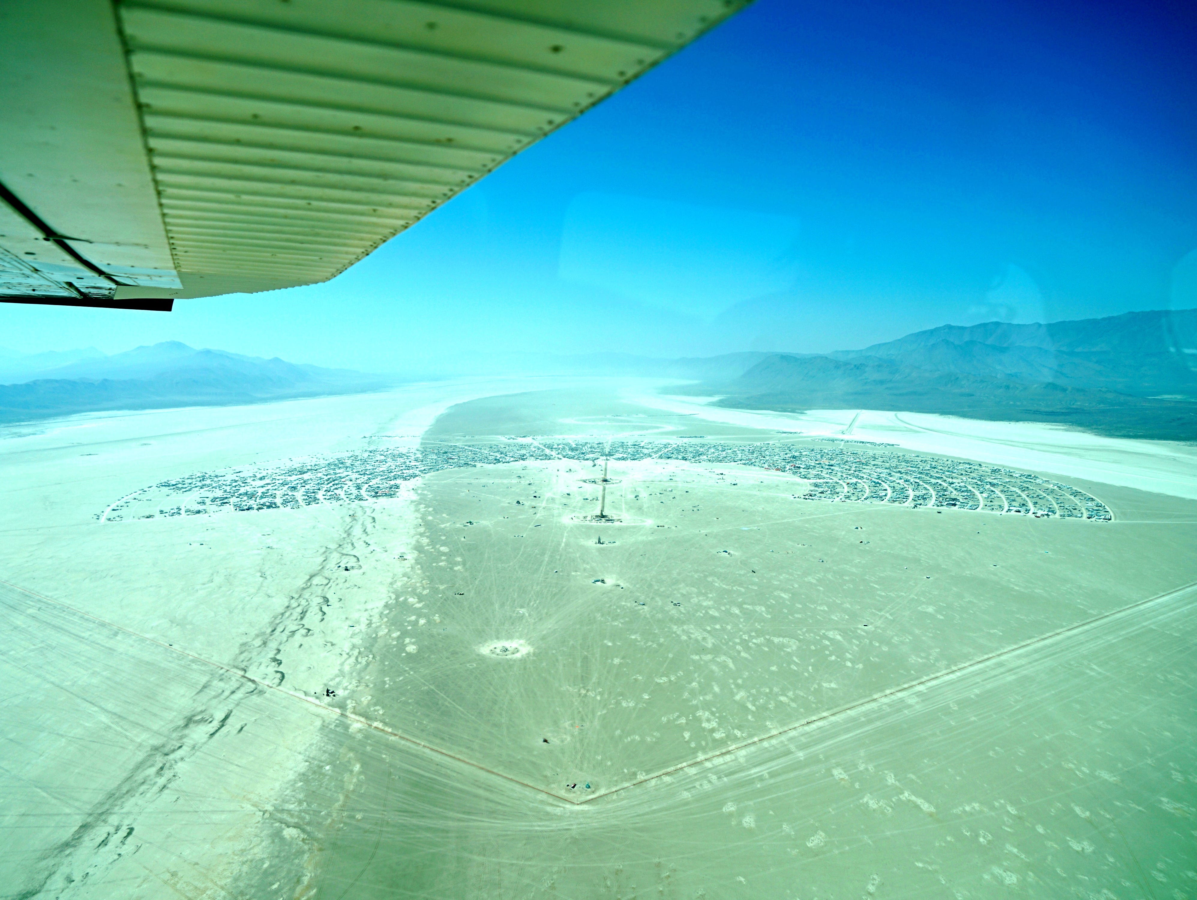 The growing Black Rock City, as seen from the air, on Aug. 26, 2017.