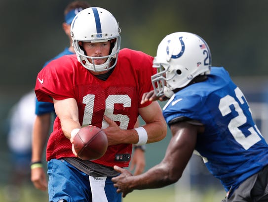 Indianapolis Colts quarterback Scott Tolzien (16) hands