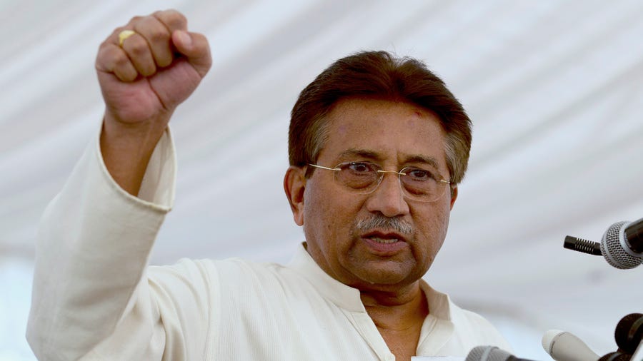 Pakistan's former president and military ruler Pervez Musharraf addresses his party supporters in Islamabad, Pakistan, in April 2013.