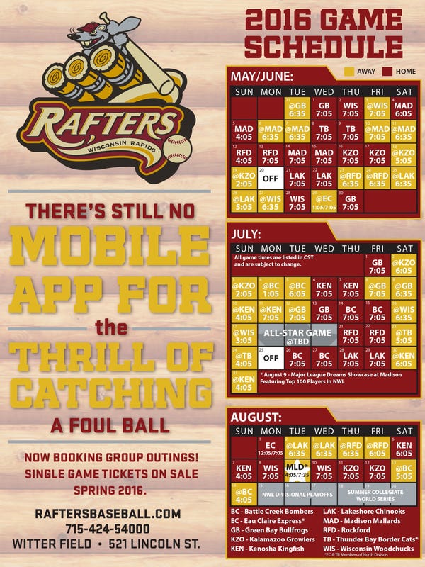 Rafters announce 2016 schedule