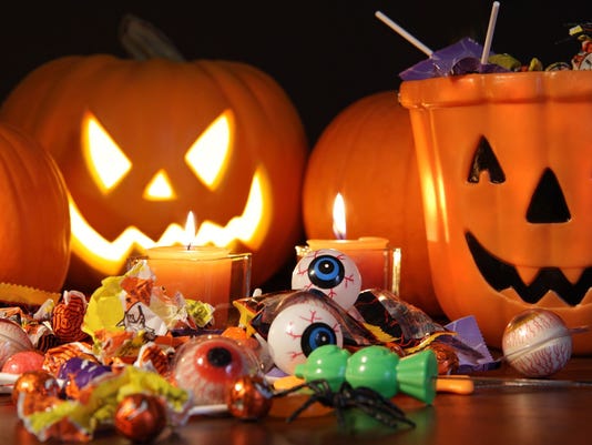 Closeup of candies with pumpkins